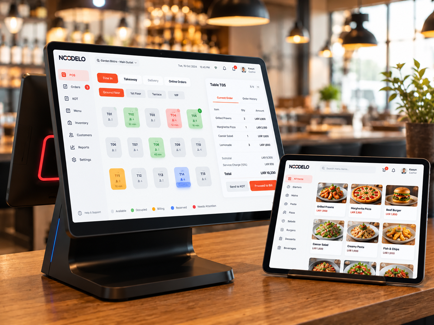 NOODELO point-of-sale terminal and menu tablet in a modern café