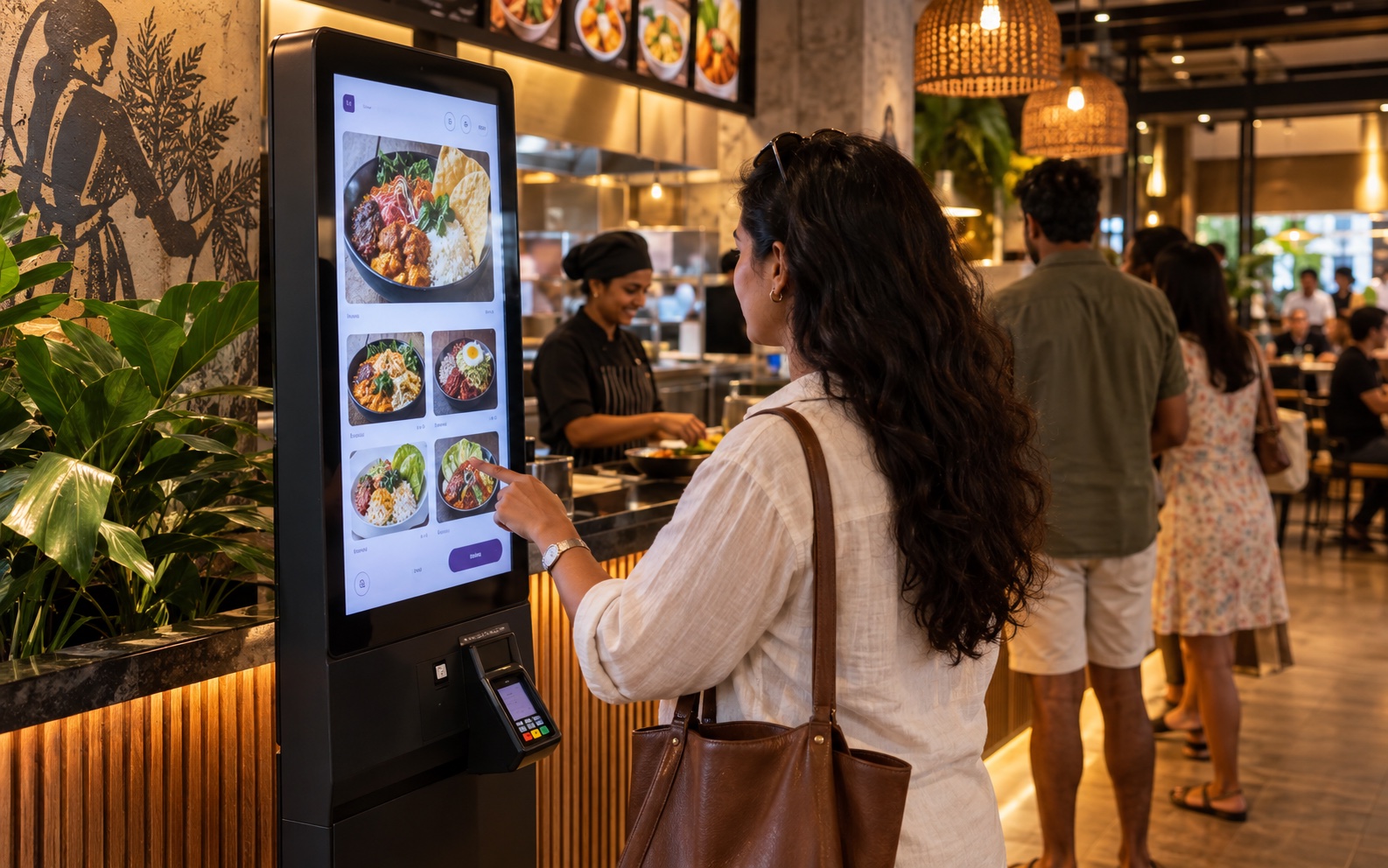 Customer using a self-ordering kiosk