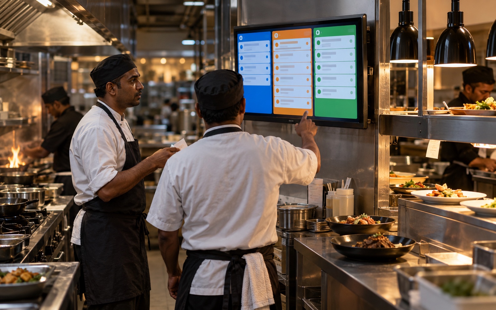 Chefs using a kitchen order display