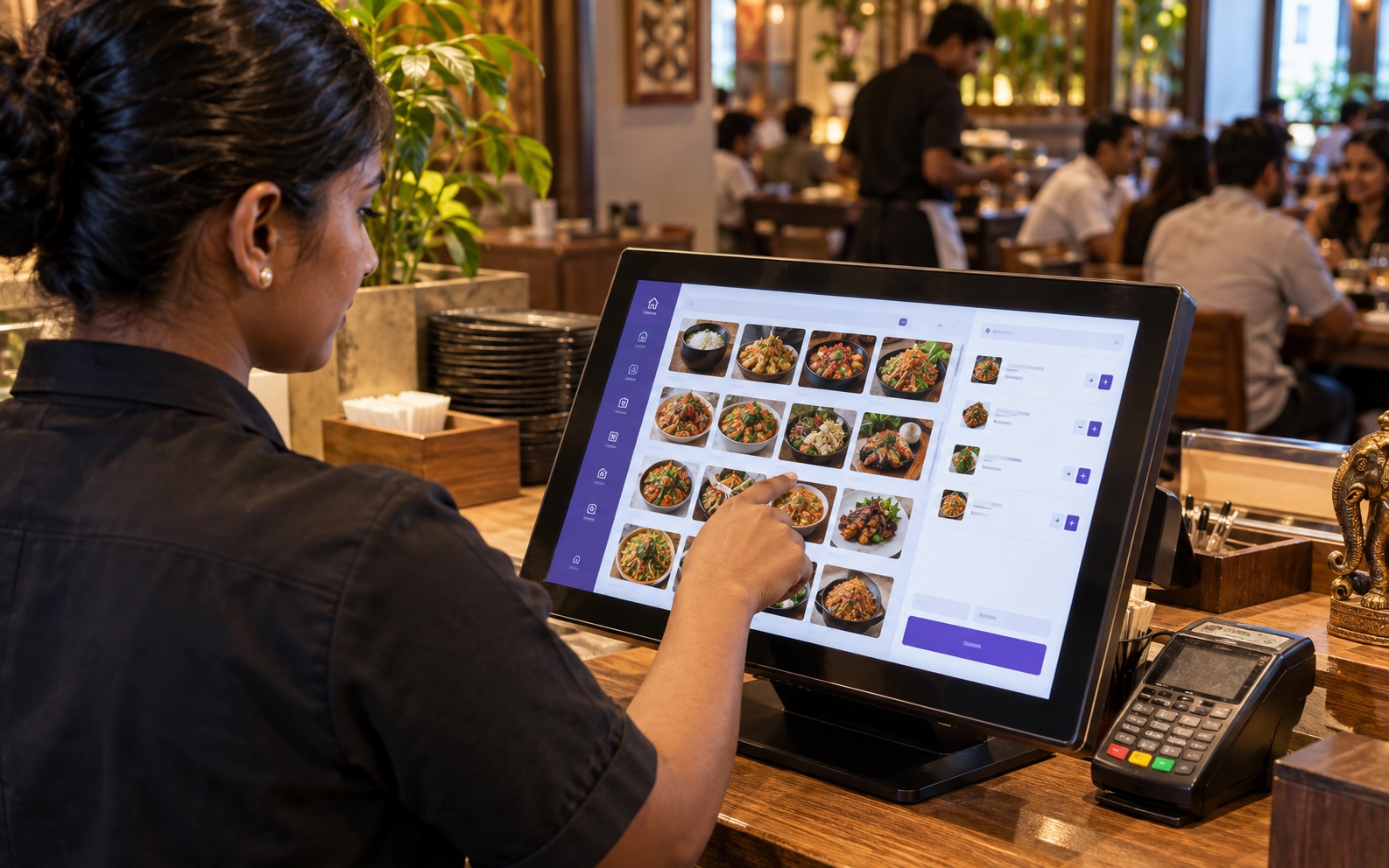 Cashier using a restaurant POS terminal