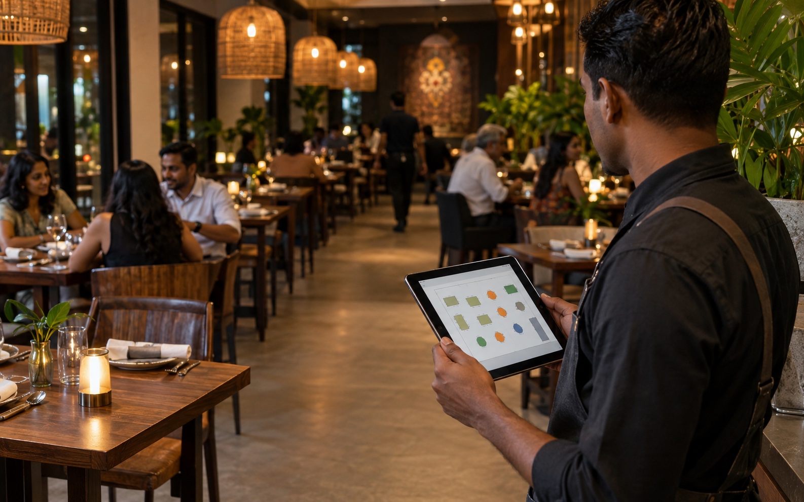 Restaurant manager viewing a table map on a tablet
